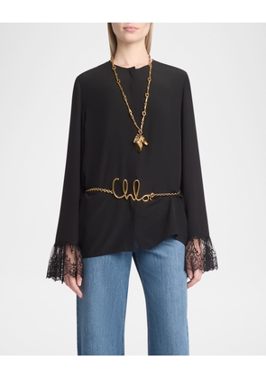 Button Down Crepe De Chine Top with Lace Sleeves