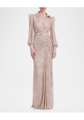 Ruched Sequin Column Shirt Gown