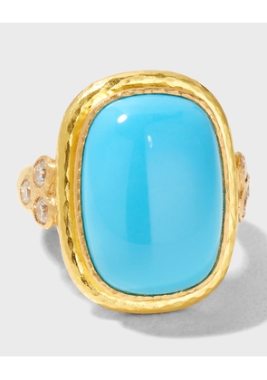 19K Gold Cushion-Cut Turquoise Ring with Diamonds, Size 6.5