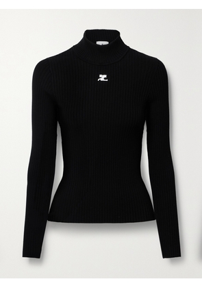 COURREGES - Reedition Embroidered Ribbed-knit Turtleneck Sweater - Black - x small,small,medium,large,x large