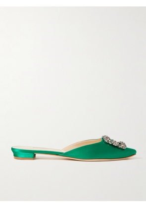 Manolo Blahnik - Hangisi Crystal-embellished Satin Slippers - Green - IT34,IT34.5,IT35,IT35.5,IT36,IT36.5,IT37,IT37.5,IT38,IT38.5,IT39,IT39.5,IT40,IT40.5,IT41,IT41.5,IT42,IT42.5,IT43