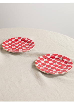 La DoubleJ - Set Of Two 20cm Gold-plated Porcelain Dessert Plates - Red - One size