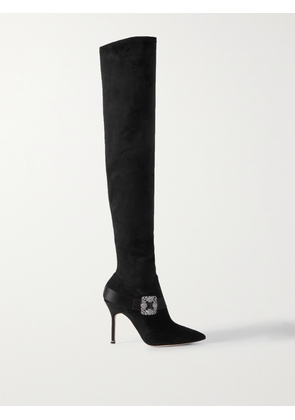 Manolo Blahnik - Plinianuthi 105 Buckled Satin-trimmed Suede Over-the-knee Boots - Black - IT35,IT35.5,IT36,IT36.5,IT37,IT37.5,IT38,IT38.5,IT39,IT39.5,IT40,IT40.5,IT41,IT41.5,IT42