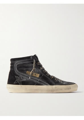 Golden Goose - Slide Distressed Leather-trimmed Suede High Top Sneakers - Black - IT35,IT36,IT37,IT38,IT39,IT40,IT41,IT42