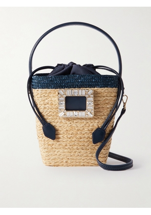Roger Vivier - Viv Skate Mini Crystal-embellished Leather-trimmed Raffia Bucket Bag - Blue - One size