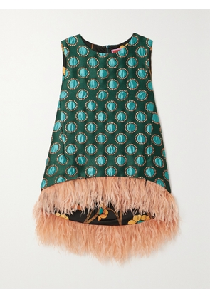 La DoubleJ - La Scala Asymmetric Feather-trimmed Metallic Jacquard Top - Green - xx small,x small,small,medium,large,x large,xx large