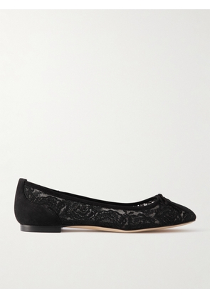 Manolo Blahnik - Verizzo Bow-detailed Suede-trimmed Cotton-blend Lace Ballet Flats - Black - IT35,IT36,IT36.5,IT37,IT37.5,IT38,IT38.5,IT39,IT39.5,IT40,IT40.5,IT41,IT41.5,IT42