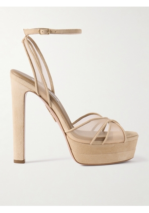 Aquazzura - Divine Plateau 130 Suede And Tulle Platform Sandals - Neutrals - IT35,IT36,IT36.5,IT37,IT37.5,IT38,IT38.5,IT39,IT39.5,IT40,IT41,IT42