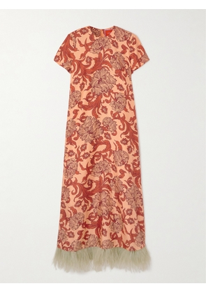 La DoubleJ - Swing Feather-trimmed Printed Silk-twill Maxi Dress - Orange - xx small,x small,small,medium,large,x large,xx large