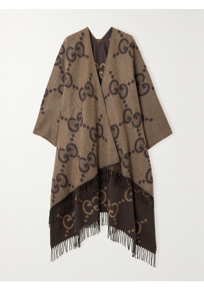 Gucci - Reversible Fringed Jacquard-knit Cashmere Wrap - Brown - One size