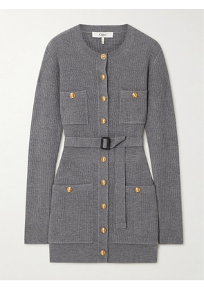 Chloé - Belted Ribbed Wool-blend Mini Dress - Gray - x small,small,medium,large,x large