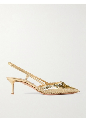 Aquazzura - Can Can 50 Embellished Tulle And Metallic Woven Leather Slingback Pumps - Gold - IT35,IT36,IT36.5,IT37,IT37.5,IT38,IT38.5,IT39,IT39.5,IT40,IT40.5,IT41,IT41.5,IT42