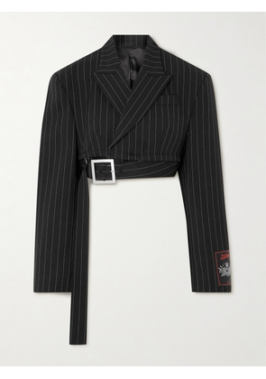 Jean Paul Gaultier - Double-breasted Belted Cropped Pinstriped Wool-twill Blazer - Black - FR 34,FR 36,FR 38,FR 40,FR 42