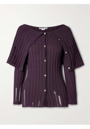 Acne Studios - Distressed Ribbed Organic Cotton-blend Cardigan - Purple - xx small,x small,small,medium,large