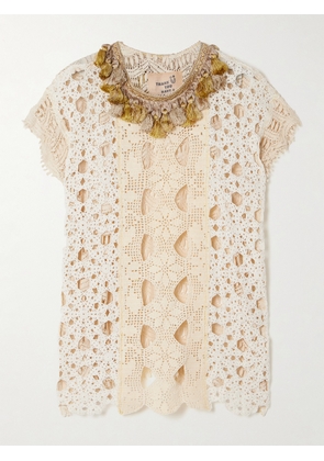 Thank You Have A Good Day - Tasseled Patchwork Crocheted Cotton Top - Cream - One size