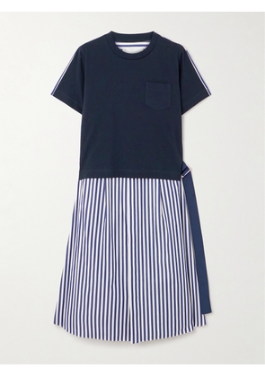 Sacai - Belted Striped Cotton-poplin And Jersey Midi Dress - Blue - 1,2,3,4