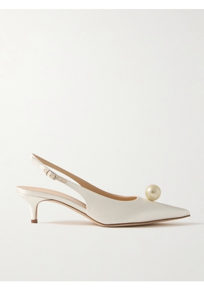 Magda Butrym - Faux Pearl-embellished Silk-satin Slingback Pumps - Off-white - IT35,IT36,IT37,IT38,IT39,IT40,IT41