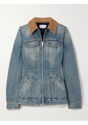 MCQUEEN - Corduroy-trimmed Denim Peplum Jacket - Blue - IT38,IT40,IT42