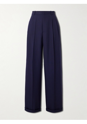 Polo Ralph Lauren - Pleated Silk Satin-trimmed Wool Wide-leg Pants - Blue - US0,US2,US4,US6,US8,US10,US12,US14