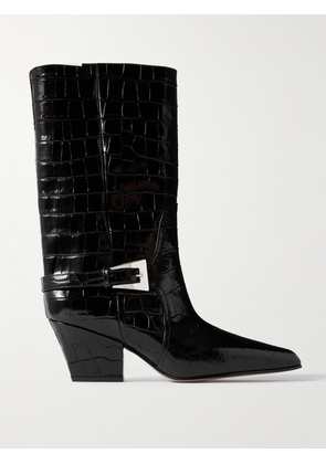 Paris Texas - Jane Buckled Croc-effect Glossed-leather Knee Boots - Black - IT36,IT36.5,IT37,IT37.5,IT38,IT38.5,IT39,IT40,IT40.5,IT41,IT41.5,IT42