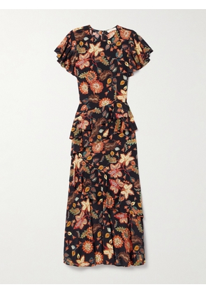 Ulla Johnson - Amaia Tiered Ruffled Floral-print Silk Midi Dress - Black - US00,US0,US2,US4,US6,US8,US10,US12,US14,US16