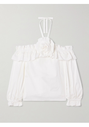 Carolina Herrera - Off-the-shoulder Ruffled Appliquéd Cotton-blend Poplin Halterneck Blouse - White - US0,US2,US4,US6,US8,US10,US12,US14,US16