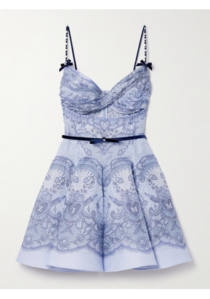 Zimmermann - Crush Embellished Velvet-trimmed Printed Linen And Silk-blend Mini Dress - Blue - 00,1,2,3,4