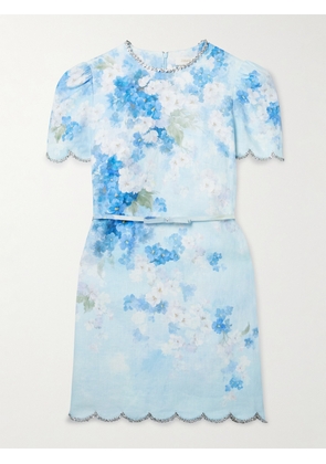 Zimmermann - Crush Belted Crystal-embellished Scalloped Floral-print Linen Mini Dress - Blue - 00,1,2,3,4