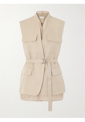 Brunello Cucinelli - Belted Bead-embellished Organza-trimmed Cotton And Linen-blend Twill Vest - Neutrals - IT36,IT38,IT40,IT42,IT44,IT46,IT48,IT50