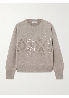 Brunello Cucinelli - Sequin-embellished Wool, Cashmere And Silk-blend Sweater - Brown - xx small,x small,small,medium,large,x large,xx large