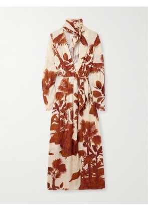 Johanna Ortiz - Unmooring Tie-detailed Printed Satin-jacquard Midi Wrap Dress - Brown - US0,US2,US4,US6,US8,US10,US12