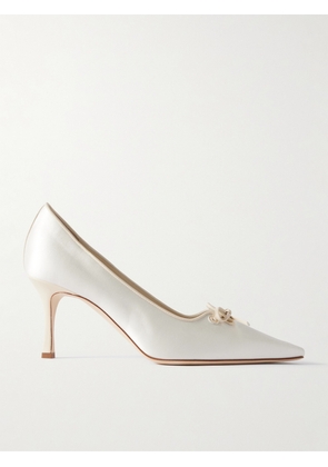 Manolo Blahnik - Zaman 70 Leather-trimmed Satin Point-toe Pumps - Ivory - IT36,IT36.5,IT37,IT37.5,IT38,IT38.5,IT39,IT39.5,IT40,IT40.5,IT41,IT42