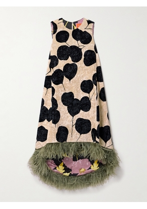 La DoubleJ - La Scala Asymmetric Feather-trimmed Floral-print Crushed-velvet Dress - Ecru - xx small,x small,small,medium,large,x large