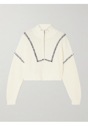 STAUD - Hampton Cropped Embroidered Ribbed Cotton-blend Sweater - Ivory - x small,small,medium,large,x large