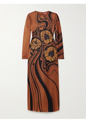 La DoubleJ - Icon Clingy Swing Floral-print Satin Midi Dress - Brown - xx small,x small,small,medium,large,x large,xx large