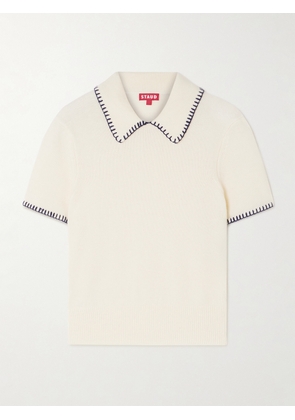 STAUD - Windsor Cropped Embroidered Wool-blend Polo Shirt - Ivory - x small,small,medium,large,x large