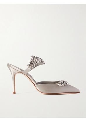 Manolo Blahnik - Lurum 90 Crystal-embellished Satin Mules - Gray - IT34,IT35,IT35.5,IT36,IT36.5,IT37,IT37.5,IT38,IT38.5,IT39,IT39.5,IT40,IT40.5,IT41,IT41.5,IT42,IT43