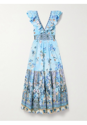 Camilla - Ruffled Crystal-embellished Printed Organic Cotton-poplin Maxi Dress - Blue - xx small,x small,small,medium,large,x large