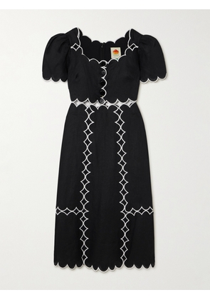 Farm Rio - Scalloped Cutout Linen Midi Dress - Black - xx small,x small,small,medium,large,x large