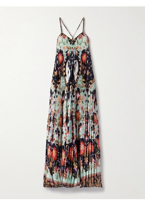 Farm Rio - Floral-print Plissé-satin Midi Dress - Blue - xx small,x small,small,medium,large,x large