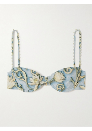 Agua by Agua Bendita - Magdalena Soledad Faux Pearl-embellished Floral-print Recycled Underwired Bikini Top - Blue - x small,small,medium,large,x large