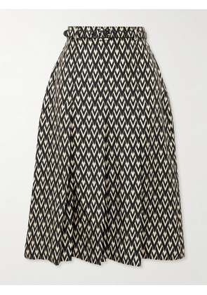 Valentino Garavani - Belted Pleated Printed Silk-twill Midi Skirt - Black - IT36,IT38,IT40,IT42,IT44,IT46,IT48,IT50