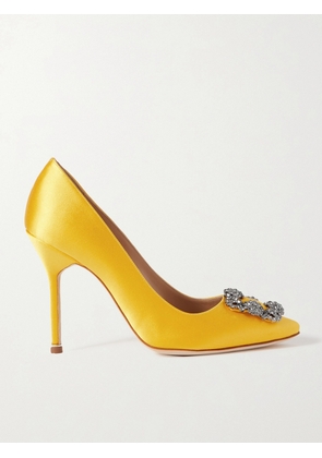 Manolo Blahnik - Hangisi 105 Crystal-embellished Satin Pumps - Yellow - IT34,IT34.5,IT35,IT35.5,IT36,IT36.5,IT37,IT37.5,IT38,IT38.5,IT39,IT39.5,IT40,IT40.5,IT41,IT41.5,IT42,IT42.5,IT43