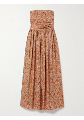 Matteau - Strapless Floral-print Gathered Organic Cotton-poplin Midi Dress - Orange - 1,2,3,4,5