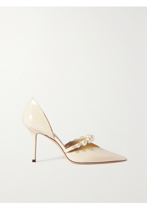 Jimmy Choo - Aurelie 85 Faux Pearl-embellished Patent-leather Pumps - White - IT34,IT35,IT35.5,IT36,IT36.5,IT37,IT37.5,IT38,IT38.5,IT39,IT39.5,IT40,IT40.5,IT41,IT41.5,IT42,IT43
