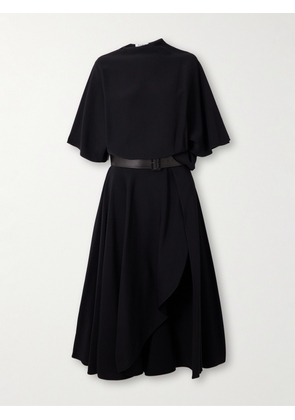Alaïa - Asymmetric Draped Leather-trimmed Cady Midi Dress - Black - FR 34,FR 36,FR 38,FR 40,FR 42,FR 44,FR 46