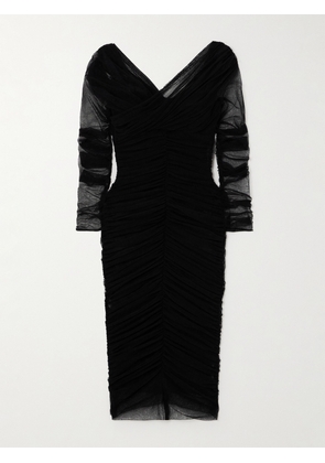 Dolce & Gabbana - Off-the-shoulder Ruched Stretch Cotton-blend Tulle Midi Dress - Black - IT36,IT38,IT40,IT42,IT44,IT46,IT48,IT50