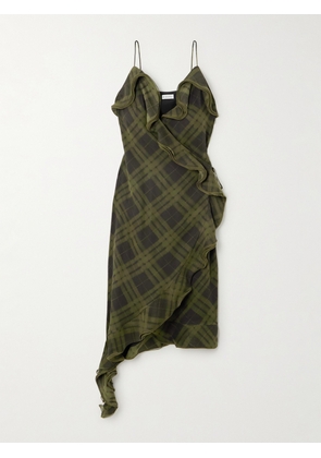 Burberry - Asymmetric Ruffled Checked Silk-crepe Dress - Green - UK 6,UK 8,UK 10,UK 12