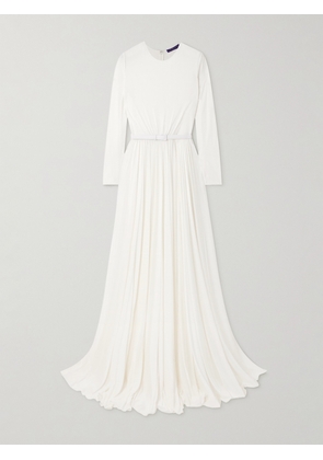 Ralph Lauren Collection - Belted Leather-trimmed Pleated Crepe-jersey Maxi Dress - White - xx small,x small,small,medium,large