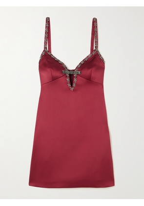 Self-Portrait - Crystal-embellished Satin Mini Dress - Burgundy - UK 4,UK 6,UK 8,UK 10,UK 12,UK 14,UK 16